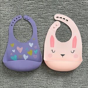 Set of 2 Adorable Purple Heart and Cloud Island Pink Bunny Silicone Bib Set